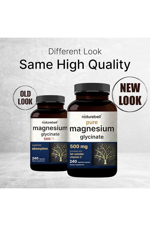 Naturebell Pure Magnesium Glycinate 500mg 240 Veggie Capsules with Fat Soluble Vitamin C, Veggie Capsules – 3rd Party Tested.USA.43.