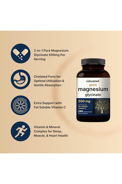 Naturebell Pure Magnesium Glycinate 500mg 240 Veggie Capsules with Fat Soluble Vitamin C, Veggie Capsules – 3rd Party Tested.USA.43.