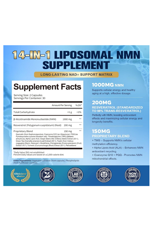 Totaria Liposomal NMN 1000mg, 60 Capsul,14-in-1 Resveratrol Complex with CoQ10, TMG, Quercetin, ALA, PQQ, NAD Levels, Cellular Energy  Healthy Aging.