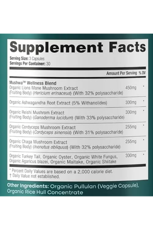 Etta Vita Mushroom+Asvaganda 90 Capsul Lions Mane,Chaga,Reishi,Cordyceps,Turkey Tail Complex Focus-Energy,Immunity Nootropic.