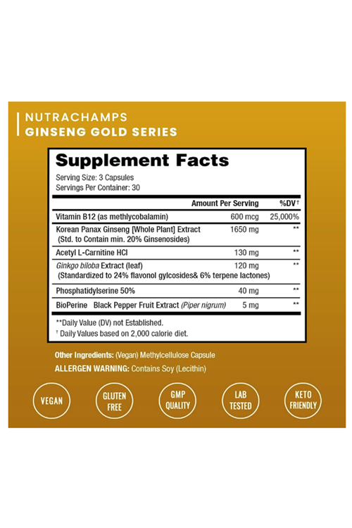 NutraChamps Korean Red Panax Ginseng +Ginkgo  90 Capsul Extra Strength Ginsenosides for Energy, Focus, Performance, Vitality  Immune Support  Korean Red Ginseng Root Extract (Premium Gold).