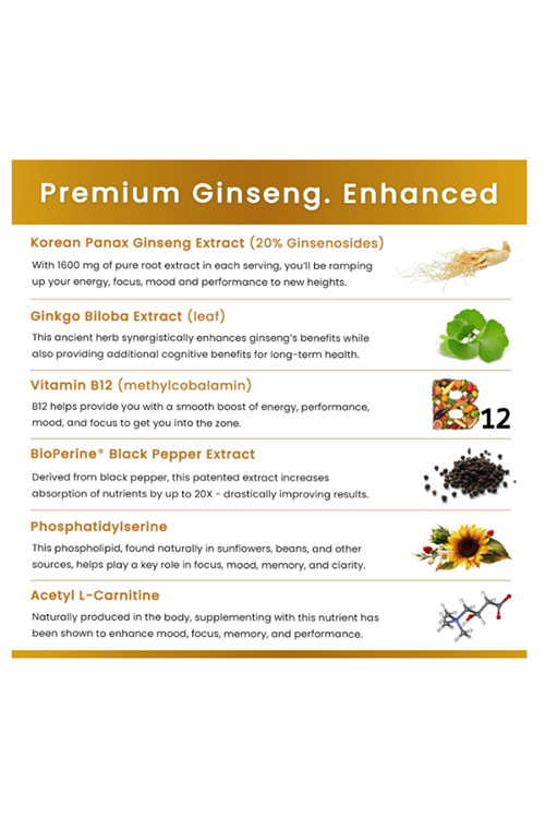 NutraChamps Korean Red Panax Ginseng +Ginkgo  90 Capsul Extra Strength Ginsenosides for Energy, Focus, Performance, Vitality  Immune Support  Korean Red Ginseng Root Extract (Premium Gold).