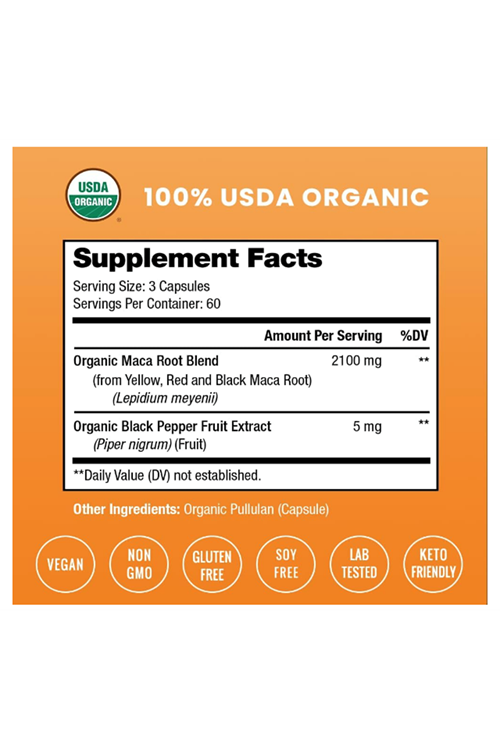 NutraChamps USDA Organic Peruvian Maca Root  Women - Men, 2100mg, 180 Capsul, Black, Red - Yellow, Peruana, Extra Strength Pure Premium.