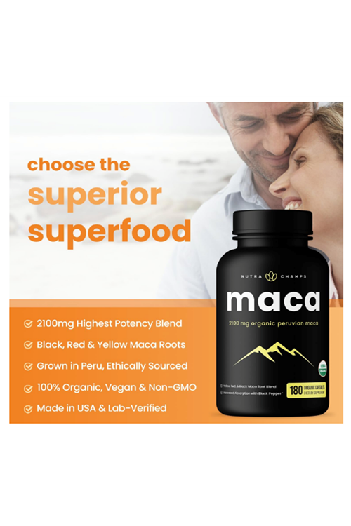 NutraChamps USDA Organic Peruvian Maca Root  Women - Men, 2100mg, 180 Capsul, Black, Red - Yellow, Peruana, Extra Strength Pure Premium.