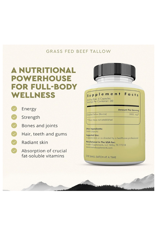 Ancestral Supplements Grass Fed Beef Tallow 3000mg 180 Capsul. Nourishing Kidney Fat Bones, Teeth, Gums, Skin, Immune and Overall Health.