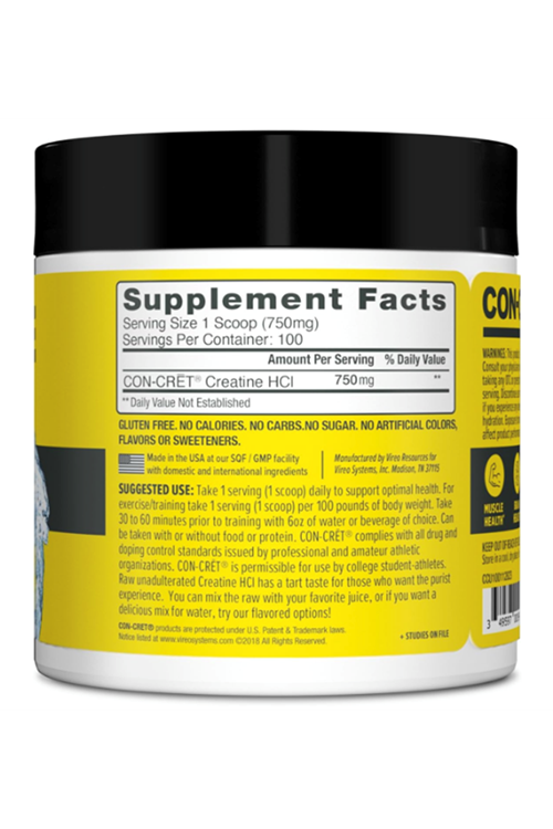 CON-CRET Creatine HCl Powder Muscle, Cognitive, Cellular Energy Support  No Bloating or Cramps  USA Made & NSF Certified  Unflavored (100 Serving).54.