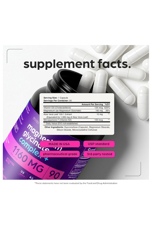 THİNBİ Magnesium Chelated  Glycinate 1160mg + Aloe Vera, D3  K2 Complex 90 Capsules - High Absorption.