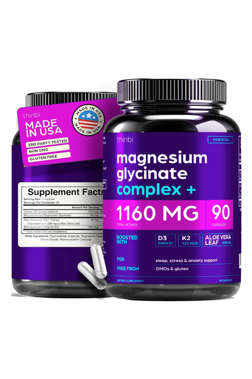 THİNBİ Magnesium Chelated  Glycinate 1160mg + Aloe Vera, D3  K2 Complex 90 Capsules - High Absorption.