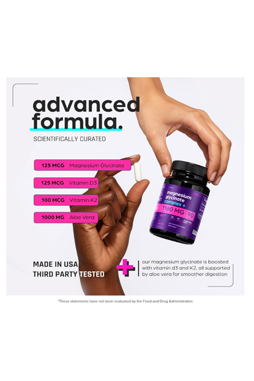 THİNBİ Magnesium Chelated  Glycinate 1160mg + Aloe Vera, D3  K2 Complex 90 Capsules - High Absorption.