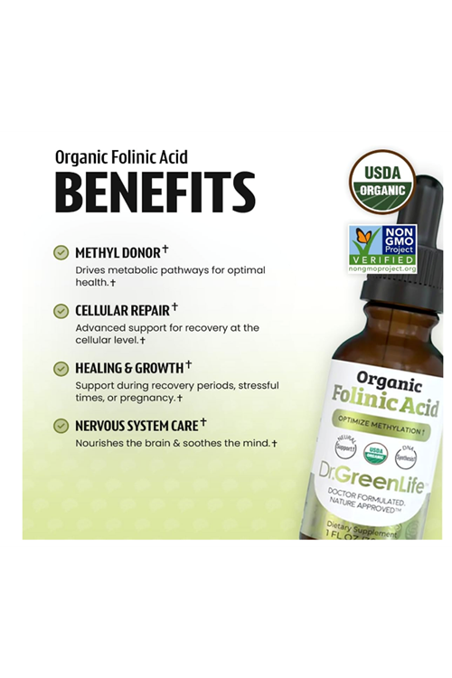 Dr. Green Mom USDA Organic Folinic Acid Drops - 500 mcg per Drop  30 ML Methylation Support B9 Supplements for Kids  Adults  Neurological Function.
