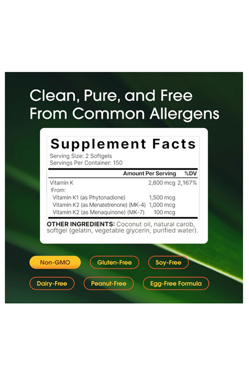 NatureBell Vitamin K Complex - 300 Softgels  2,600mcg Vitamin K - Full Spectrum High Absorption K1  K2 MK-4  MK-7.