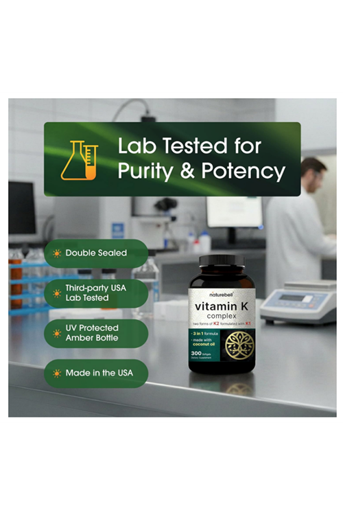 NatureBell Vitamin K Complex - 300 Softgels  2,600mcg Vitamin K - Full Spectrum High Absorption K1  K2 MK-4  MK-7.