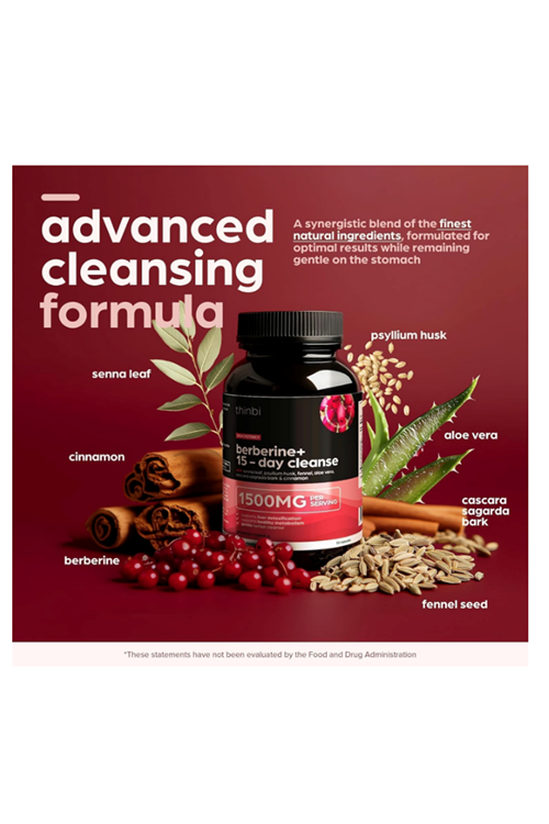 THİNBİ  Colon Cleanse Berberine 1500mg  30 Capsul 15 Day Parasite Detox Men Women –Extra Strength.