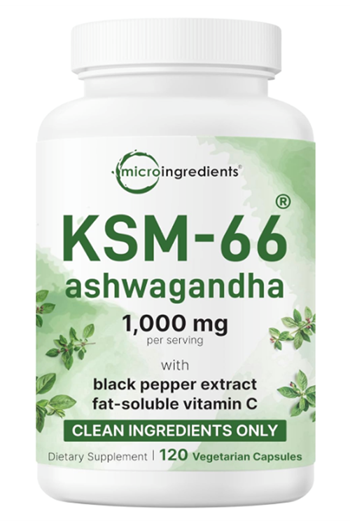 Micro Ingredients KSM-66  1,000mg  120 Veggie Capsul with Black Pepper Fat Soluble Vitamin C  Potent Root Extract.