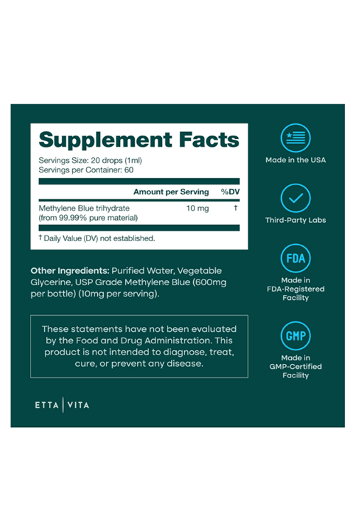 Etta Vita Methylene Blue Drops 60 ML USP Grade 99.99% Pure 1% Solution for Energy Focus, Clarity,Cognition Cellular Support.