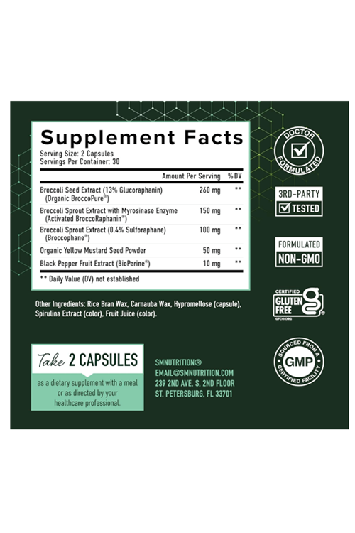 SMNutrition Sulforaphane 60 Capsul Broccoli Sprouts NRF2 Activation Immune Glucoraphanin  Myrosinase.USA.