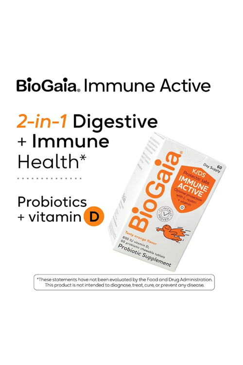 BioGaia Immune Active Kids  Probiotic + Vitamin D  Ages 3+ Allergen Dairy Soy Gluten Free By Pediatricians  60 Day Supply  Orange Flavored Chewable.