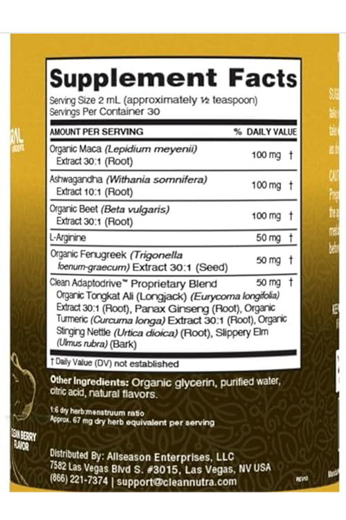 Clean Nutra Organic Maca Root 60 ML  Asvaganda, Fenugreek, Beet Root and L-Arginine Multi vitamin  Women and Men.