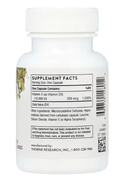 Thorne D-10,000, 60 Capsules (250 mcg per Capsule).Orj Usa.