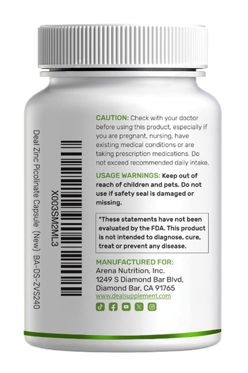 DEAL SUPPLEMENT Zinc Picolinate 50mg with Copper Selenium, 240 Capsul.