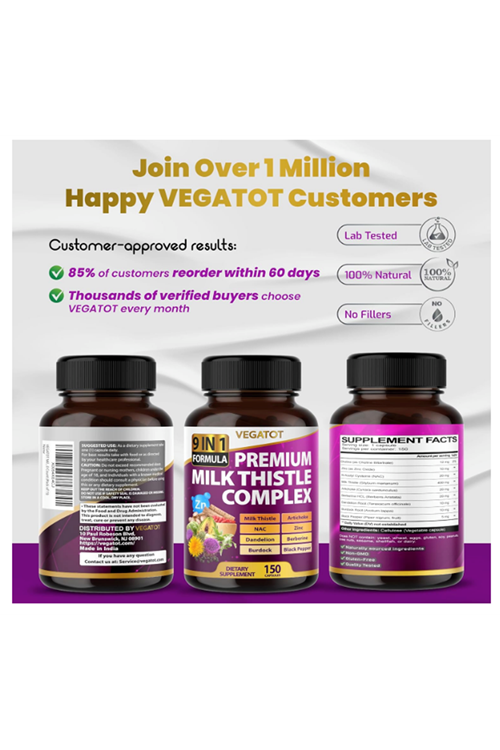 Vegatot Premium Milk Thistle 9-in-1 with Artichoke, 150 Capsules.