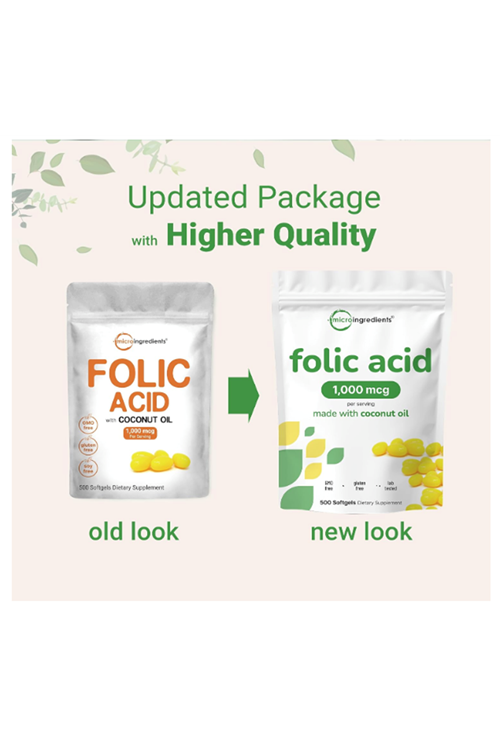 Micro Ingredients Folic Acid 1,000 mcg, 500 Coconut Oil Softgels.