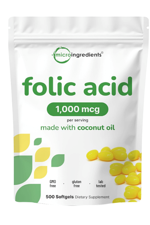 Micro Ingredients Folic Acid 1,000 mcg, 500 Coconut Oil Softgels.