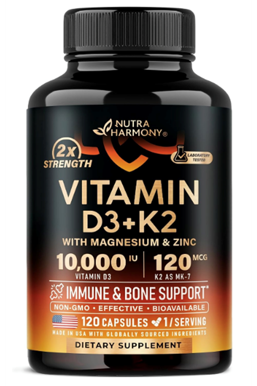NUTRAHARMONY  Vitamin D3 K2 - Vitamin D3 10000 iu & K2 as MK-7 120 mcg Complex - 120 Capsul.