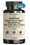 VINATURA Berberine HCL & Ceylon Cinnamon - Red Yeast Rice & CoQ10 1300mg  Healthy Levels with Green Tea Extract, Resveratrol, Magnesium, Glycinate, Chromium Picolinate 60 Capsul.3952