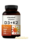 NatureBell Vitamin D3 5,000 IU + K2 100 mcg, 240 Softgels  Daily 2-in-1 Formula with Virgin Coconut Oil  Bone, Heart & Immune Support  MK-7 Form.49.