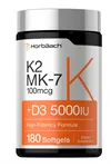 Horbaach (Ösg Özel Sporcu Gıdaları) Vitamin D3 K2 5000 iu  100mcg MK-7 Complex  180 Softgel.Abd Menşei.